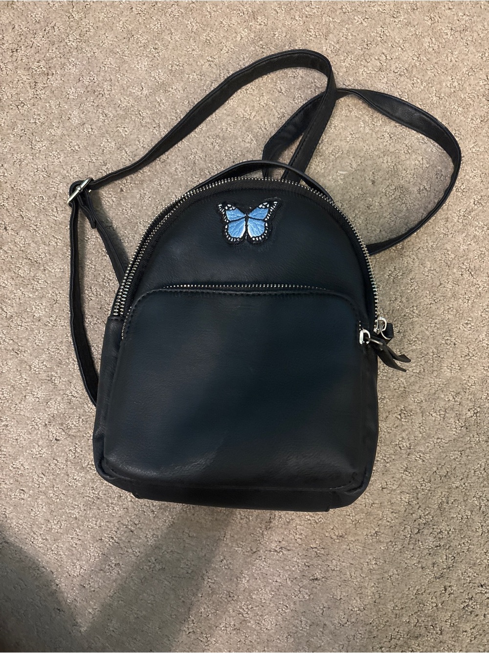 Black Mini Backpack with Blue Butterfly Accent